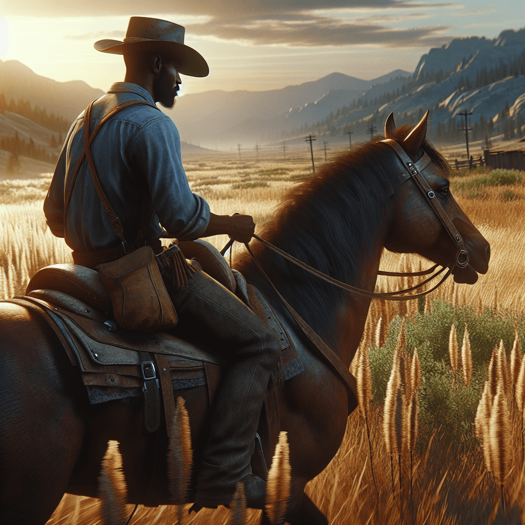 African-American man riding a horse through a meadow, photorealistism